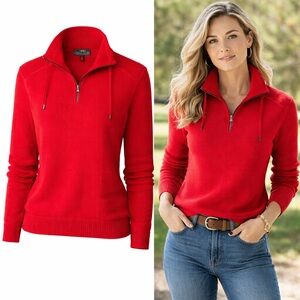 Lauren Ralph Lauren L-RL Red 1/4 Zip Sweater | 100% Cotton | Drawstring Collar